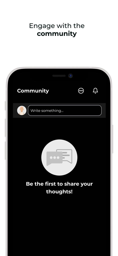 Community engagement screen of the BeCare Parkinson's mobile app showing a prompt to share thoughts