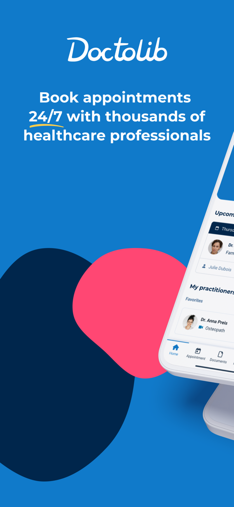 Doctolib - Your health partner - Doctolib mobile app interface for booking medical appointments 24/7 with healthcare professionals