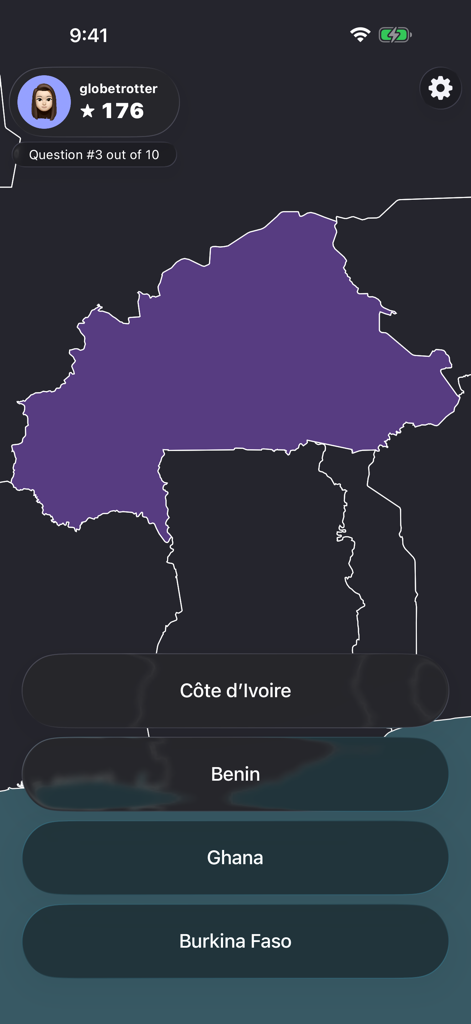 Geognosis - Geography Quiz - Gameplay screen of Geognosis app showing a country identification quiz on a map of Africa.