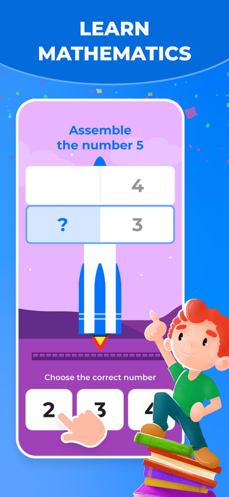 Matsy Kids: Easy Math - Un juego de aprendizaje de matemáticas para niños que muestra un ejercicio de composición de números para armar el número cinco.
