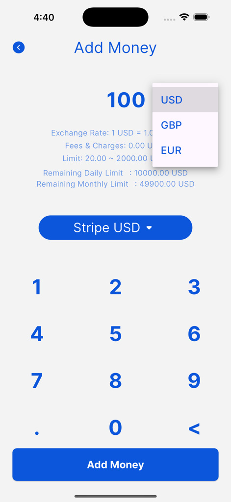 DigiPay App - DigiPay App-Bildschirm Geld hinzufügen mit Währungsauswahl für USD, GBP und EUR mit einem Ziffernblock