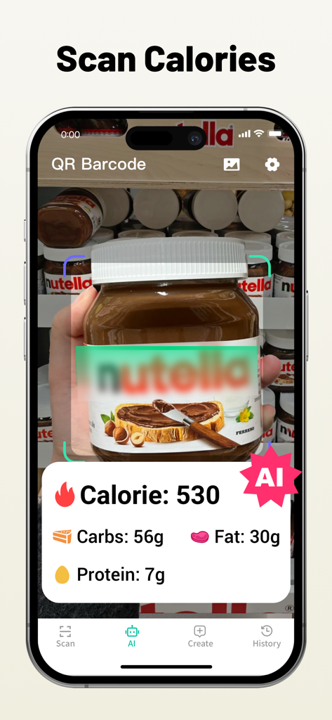 Safe QR Barcode Reader Creator - AI food recognition feature scanning a jar of Nutella to display calories and nutritional facts