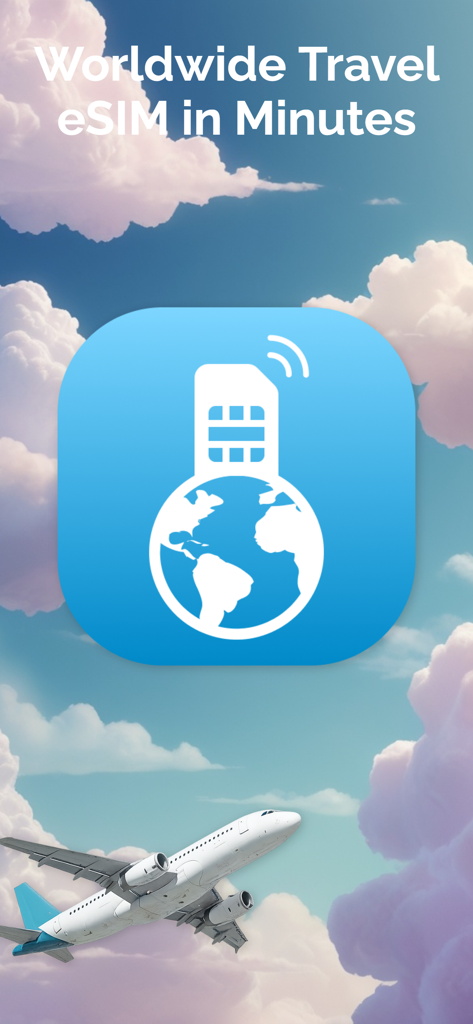 Simly eSIM: Travel & Connect - Simly app screen promoting worldwide travel eSIM in minutes with an airplane and globe