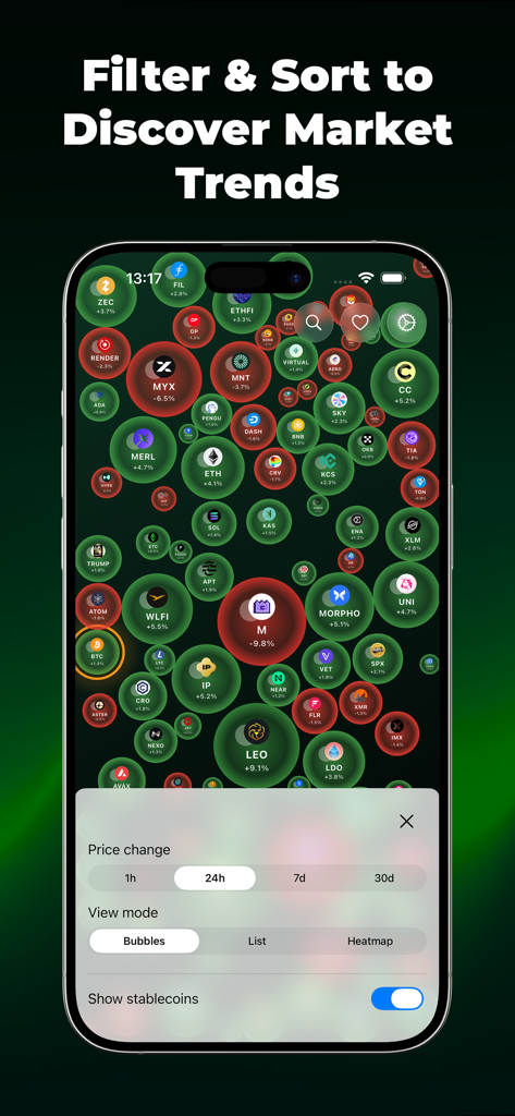 A mobile interface of the Crypto Bubbles app showing filter and sort options for market trends with red and green cryptocurrency spheres