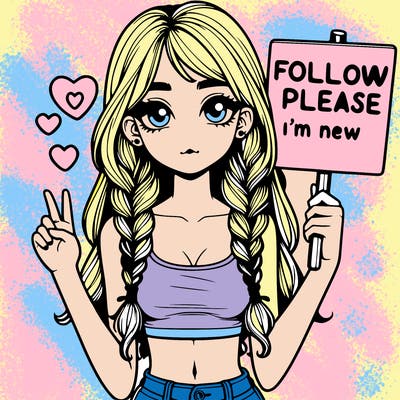 cute teenage girl with crop top holding sign that says follow please i'm new with braids