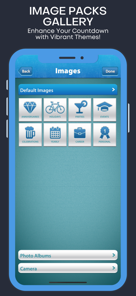 Holiday and Vacation Countdown - Screenshot of the Image Packs Gallery in the app showing various event themes like Anniversaries, Holidays, and Parties