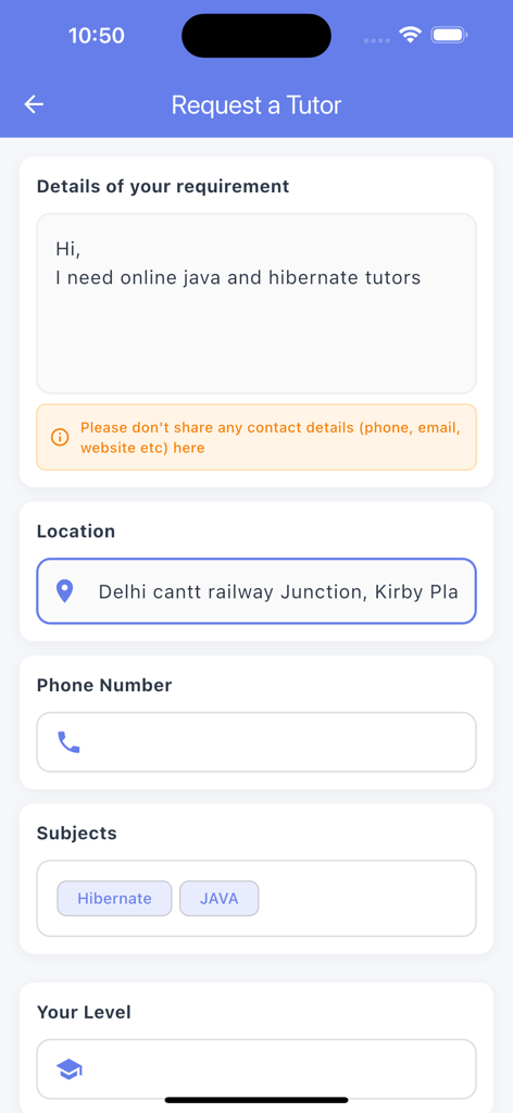 TeacherOn - TeacherOn app screen showing a form to request a tutor with fields for requirements, location, phone number, and subjects like Java and Hibernate.