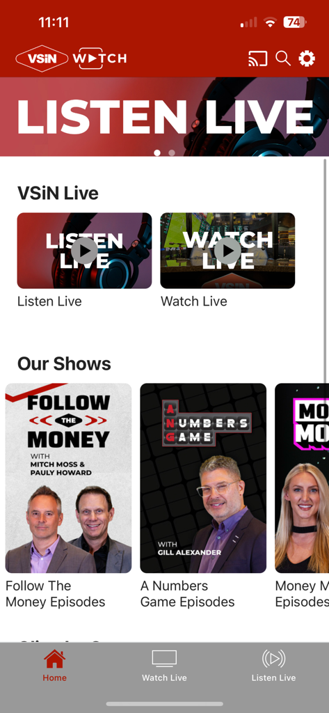 VSiN Watch - Home screen of the VSiN Watch app featuring live sports betting broadcasts and expert analysis shows