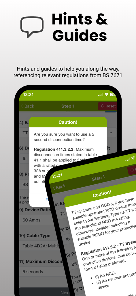 Cable Calc - Cable Calc app interface showing regulation hints and caution alerts for electrical installations