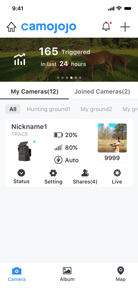 Camojojo - Camojojo app dashboard showing trail camera status and recent motion triggers