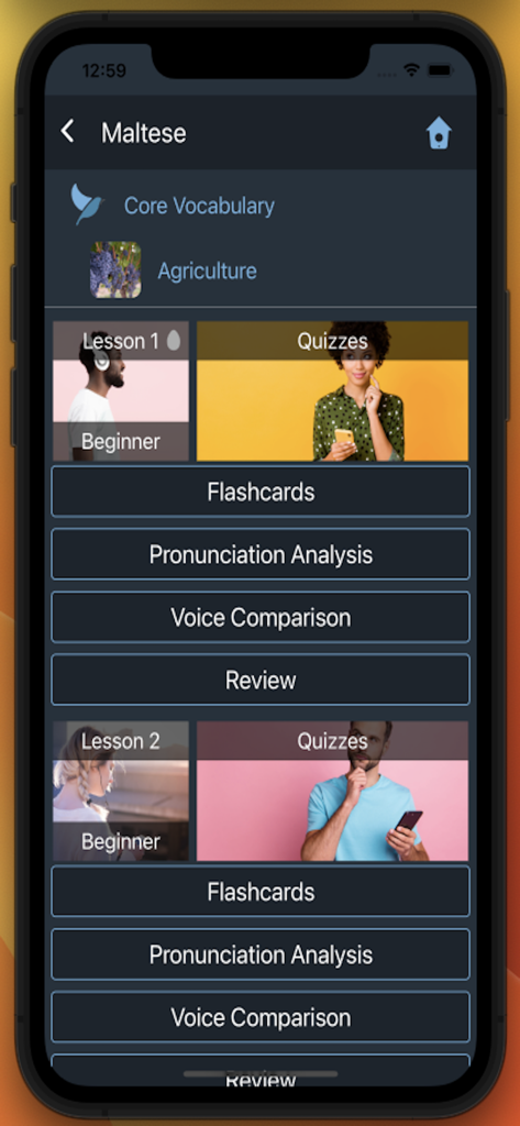 Bluebird: Learn Maltese - Interface of Bluebird app showing Maltese language lessons for agriculture with flashcards and quizzes