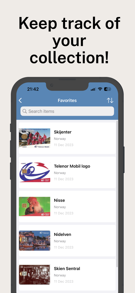 A smartphone screen displaying a list of saved favorite phonecards with images and titles to track a collection.