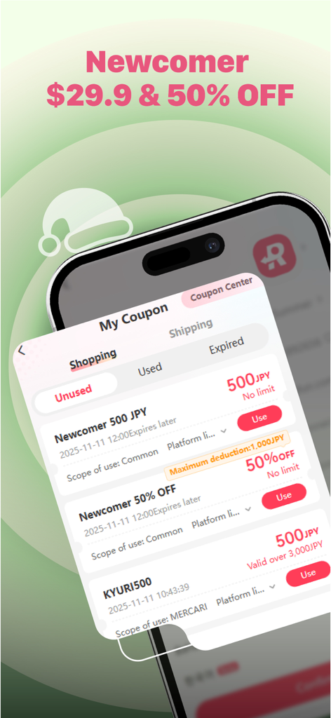 Rakufun:Buy From Japan - 일본 구매대행 쇼핑을 위한 신규 고객 할인 쿠폰을 보여주는 라쿠펀 모바일 앱 화면