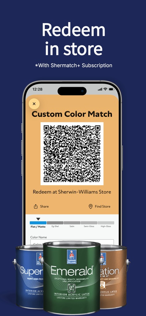 SherMatch+ - SherMatch plus app screen displaying a custom color match QR code for in store redemption with Sherwin Williams paint cans