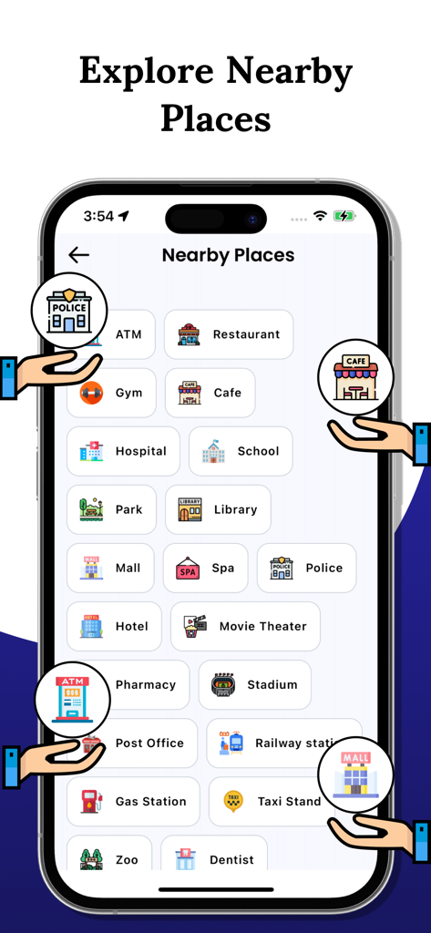 Live Earth Maps 3D GPS View - Schermata dell'app Live Earth Maps che mostra varie categorie di luoghi vicini come ristoranti e stazioni di servizio
