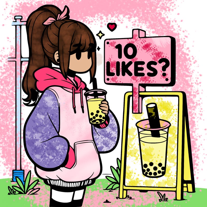 girl with oversized hoodie drinking boba and she has a high ponytail with a sign that says 10likes?