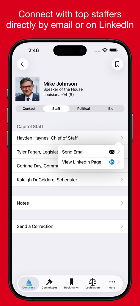 Congress Pro - Screenshot of the Congress Pro app showing a list of Capitol Hill staffers with options to contact them via email or LinkedIn