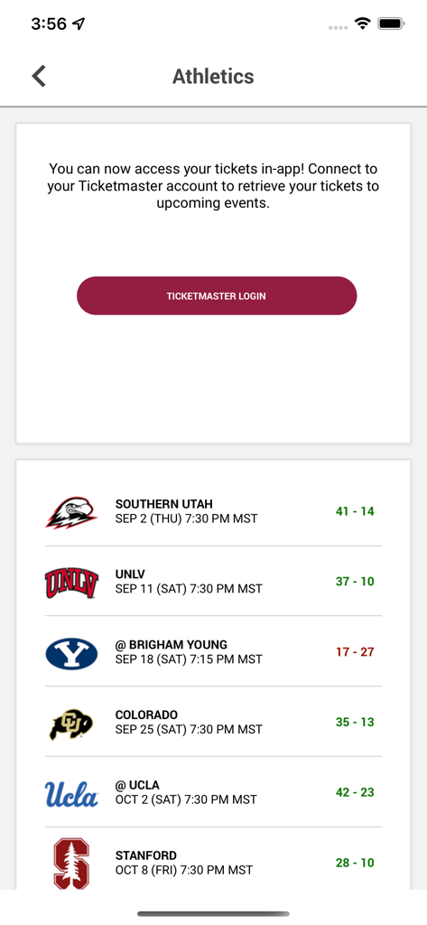 The athletics section of the ASU app featuring football game schedules and ticket access via Ticketmaster