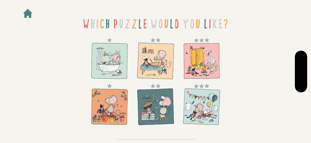 Selection screen for hand drawn puzzles featuring Little Mouse and Bear