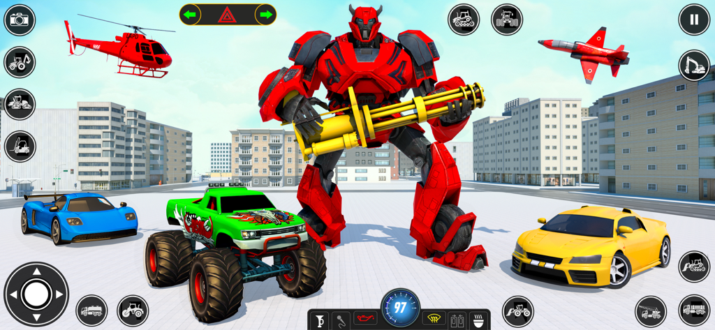 Super Robot Transform Games 3D - A giant red robot holding a yellow gatling gun surrounded by sports cars and a monster truck in a city