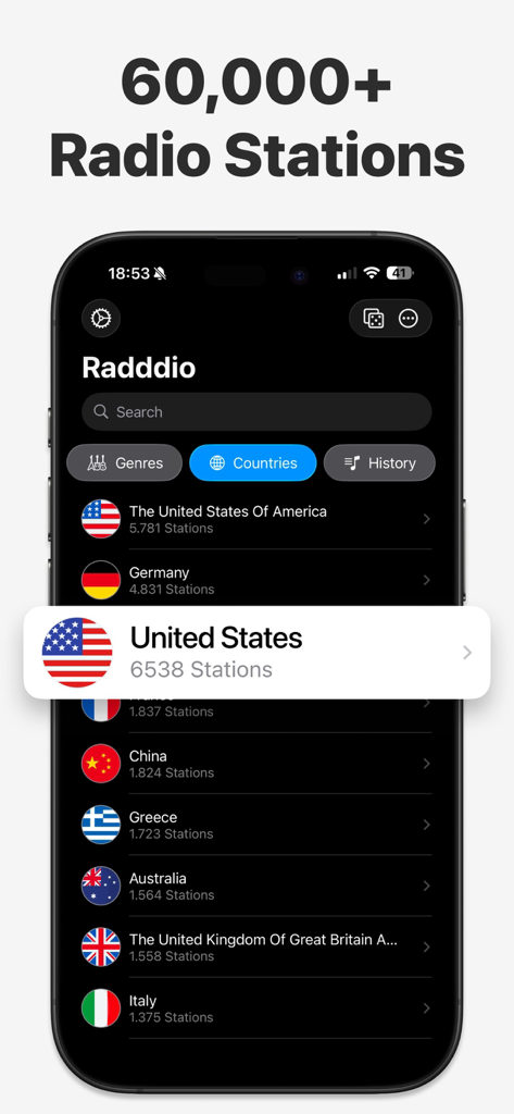 Radio Player FM Live X Radddio - Interfaz de la aplicación Radddio mostrando una lista de más de 60.000 estaciones de radio globales organizadas por país, con Estados Unidos destacado