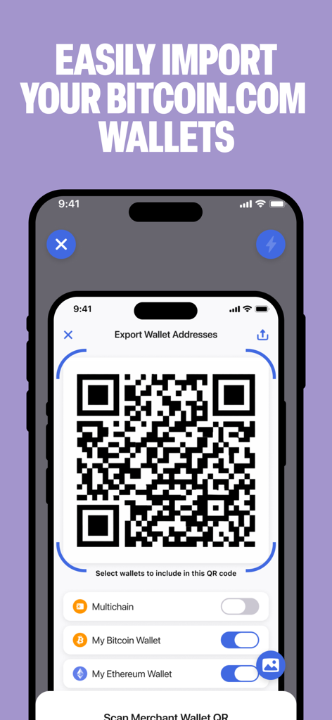 Bitcoin.com Checkout POS - Bitcoin.com Checkout POSに仮想通貨ウォレットをインポートするためのQRコードを表示するモバイル画面