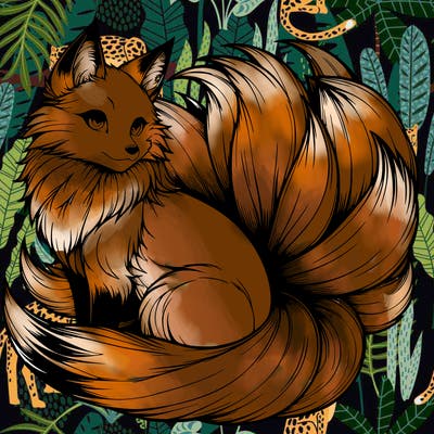 realistic detailed 9 tailed anime fox