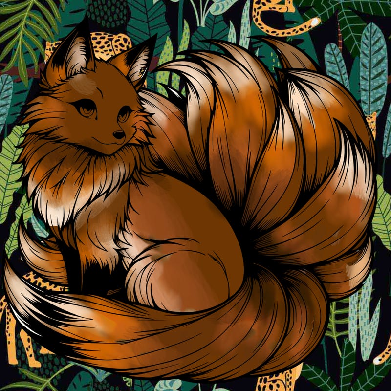 realistic detailed 9 tailed anime fox