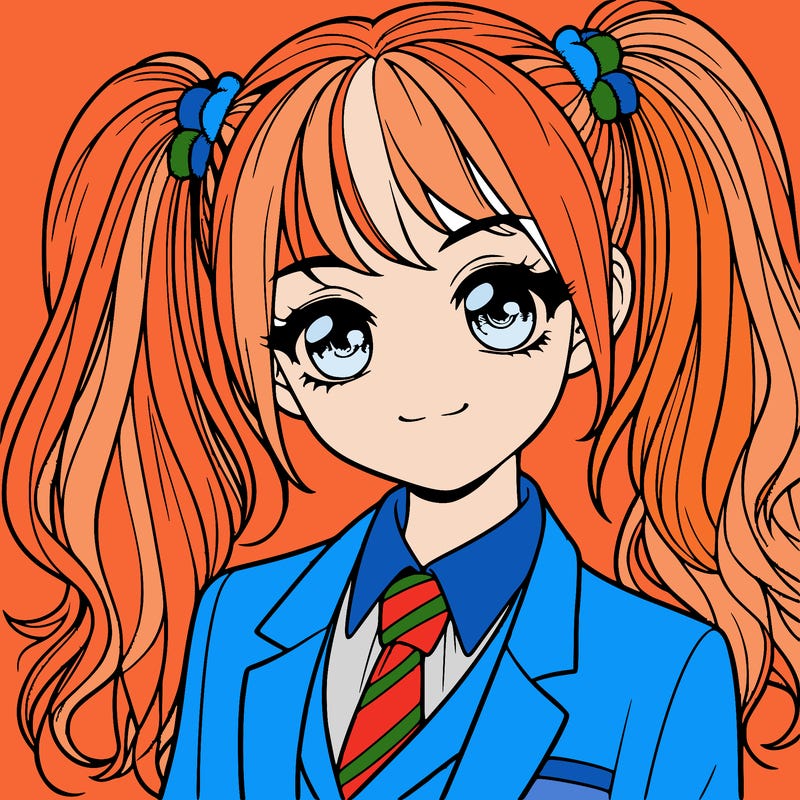 realistic girl with two ponytails and a suit on