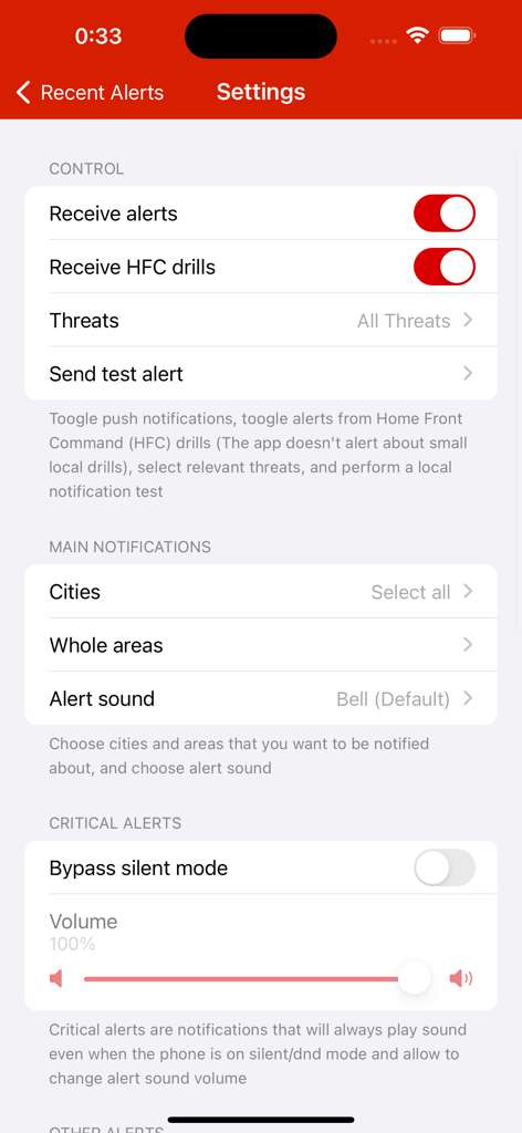 Tzofar - Red Alert - Settings screen of the Tzofar Red Alert app showing options for notifications alerts and volume control