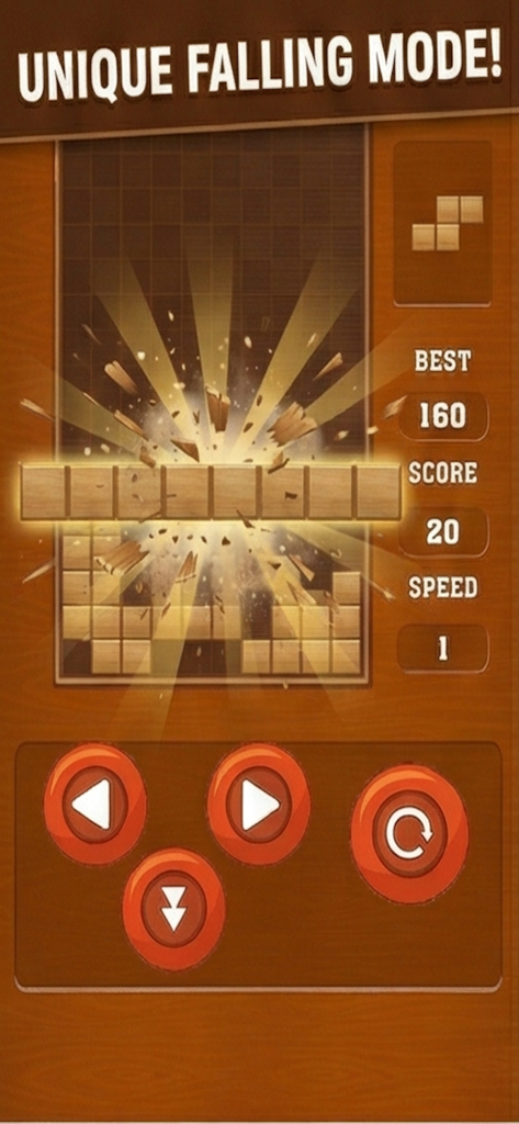 Mind Timber: Wood Block Blast - Gameplay screenshot of Mind Timber showing the unique falling mode with wooden blocks being cleared on a grid