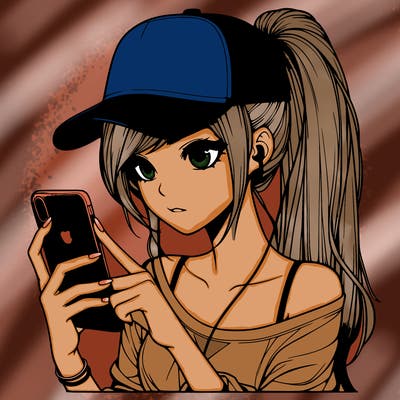 realistic girl with a long ponytail and trucker hat holding an iphone