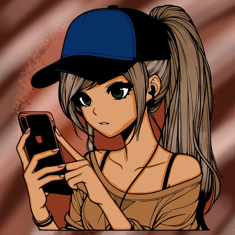 realistic girl with a long ponytail and trucker hat holding an iphone