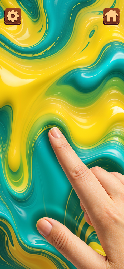 Mini Relaxing Game - pop it - A finger interacting with colorful yellow and blue swirling slime in an ASMR fidget app
