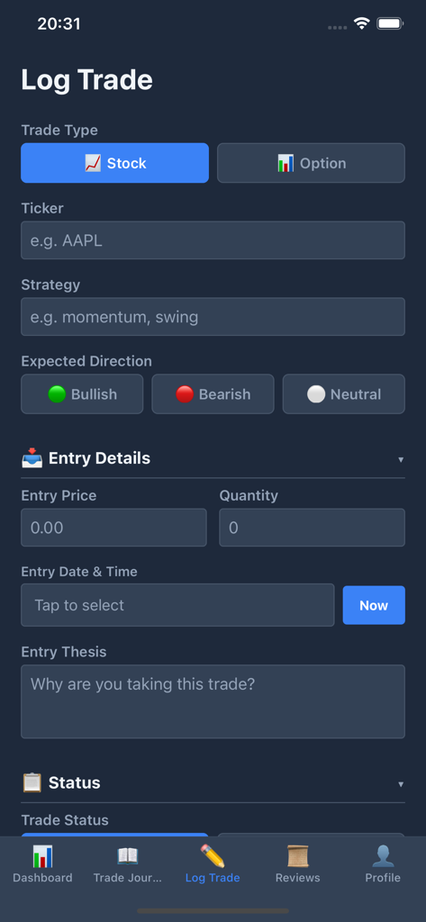 Trade Codex - Trade Codex mobile app interface for logging stock and option trade entry details including ticker strategy and entry thesis.