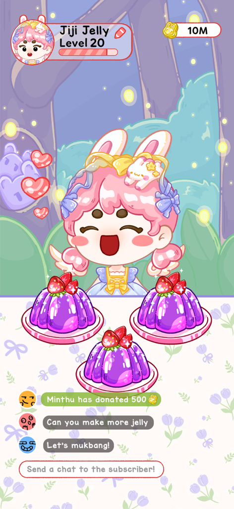 Jiji Jelly character performing a Mukbang livestream with three purple jellies and a donation chat