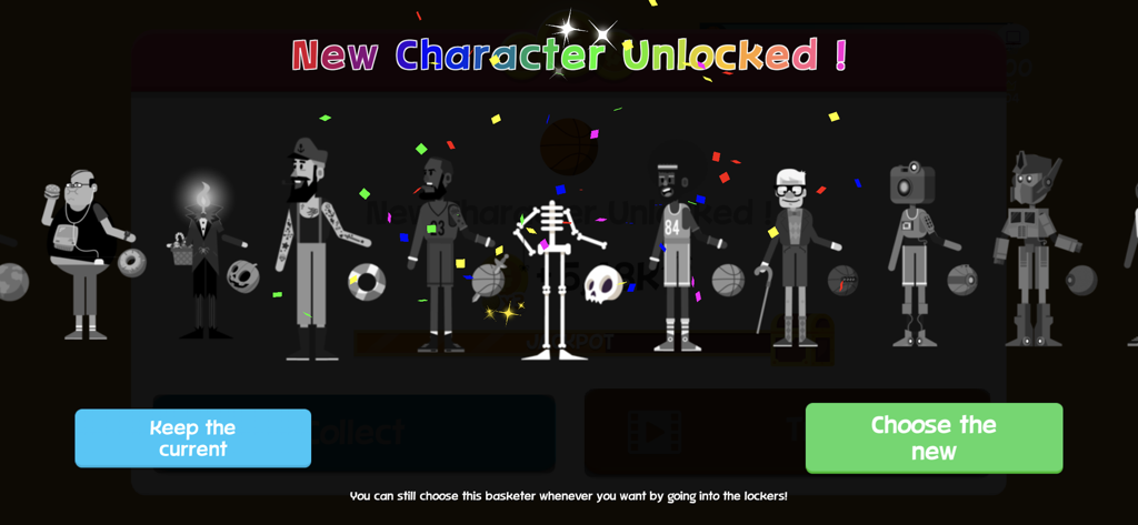 Basketball Orbit - A screen in the Basketball Orbit game showing several unlocked characters with a central skeleton character being selected amidst confetti.