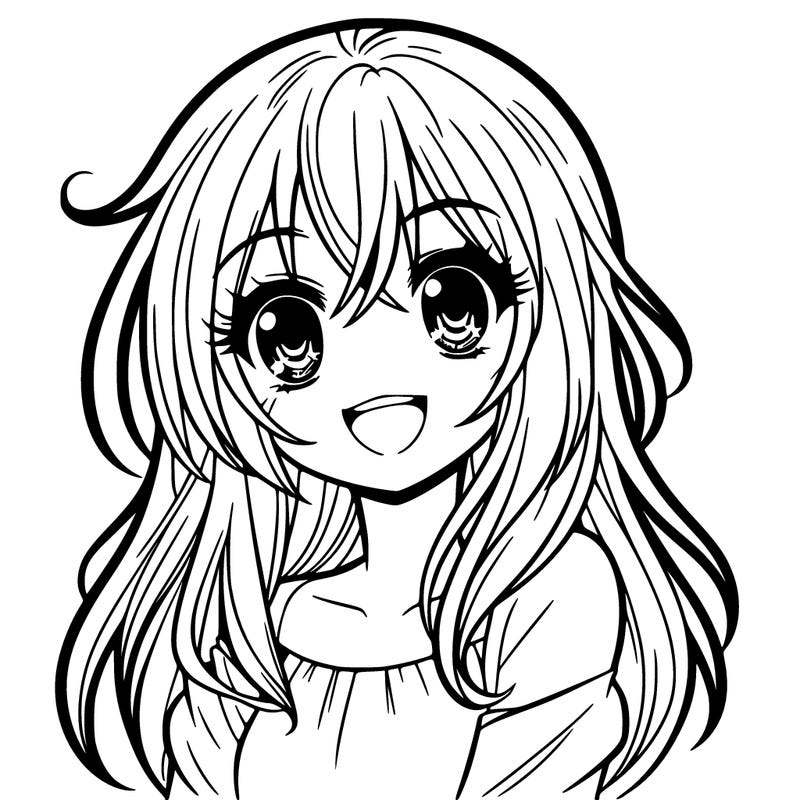 manga very long hair, sweet eyes and a smiling face with shiny teeth
