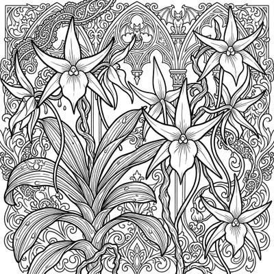 Step into a world where nature meets mystique with this intricate Gothic Angraecum Orchids coloring page. Explore star-shaped blooms amidst ornate Victorian lace and architectural elements, perfect for a captivating coloring experience.