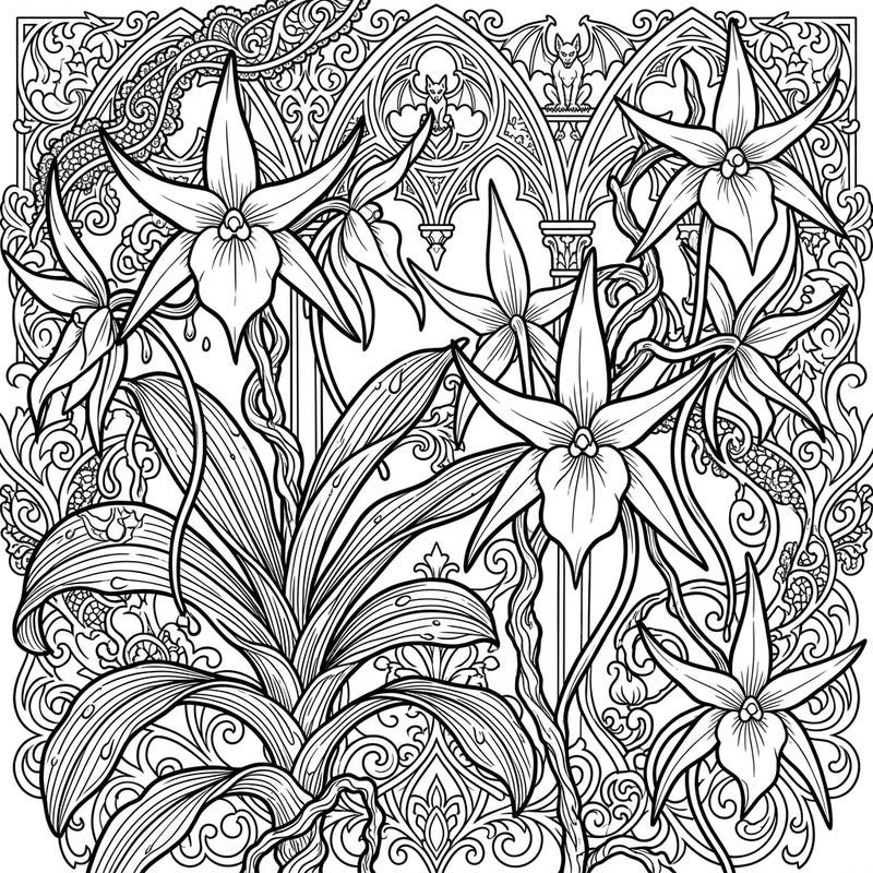 Step into a world where nature meets mystique with this intricate Gothic Angraecum Orchids coloring page. Explore star-shaped blooms amidst ornate Victorian lace and architectural elements, perfect for a captivating coloring experience.