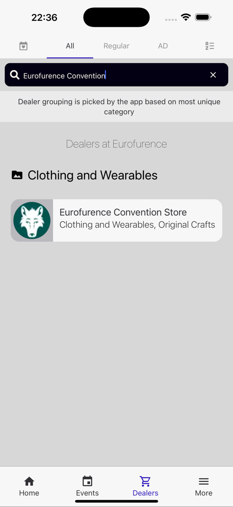 Dealers section of the Eurofurence app displaying a search bar and the official convention store listing under clothing and wearables.