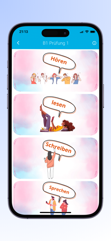 نماذج امتحان المانية - Mobile app screen showing German B1 exam sections for listening reading writing and speaking