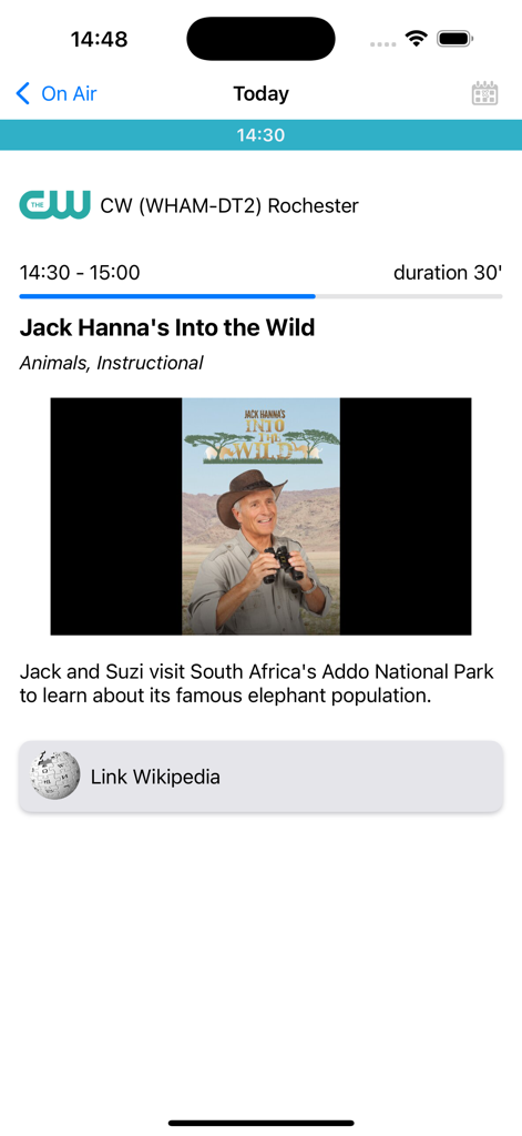 Schermata dell'app mobile Guida TV Plus che mostra informazioni dettagliate per il programma Jack Hannas Into the Wild sul canale CW