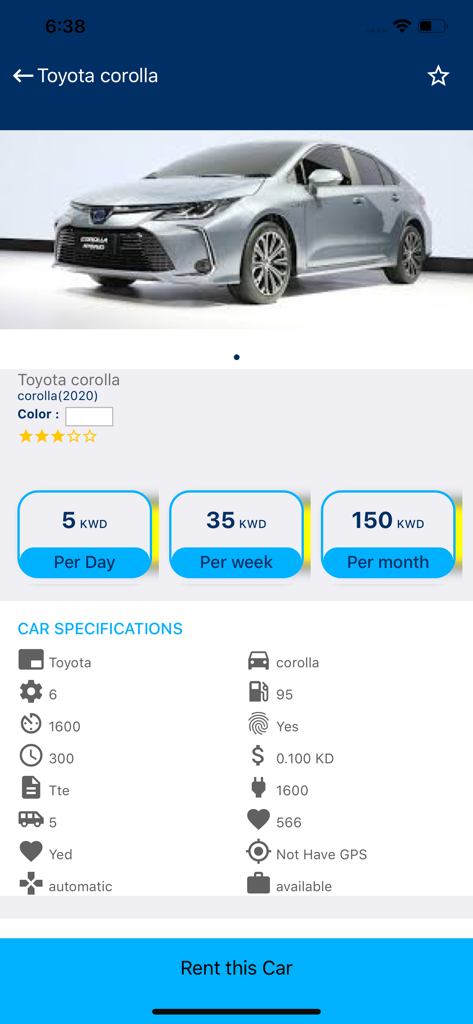 Toyota Corolla 차량 렌탈 세부 정보 및 가격 CarRent KW 모바일 앱