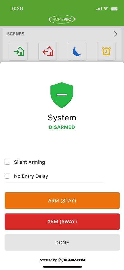 HomePro Security - HomePro Security app interface for arming the home alarm system with options for stay and away modes