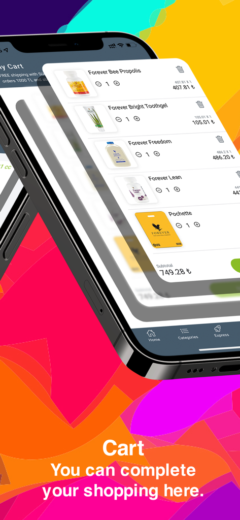 Shopping cart view in the Forever Shop app showing Forever Living wellness products and subtotal.