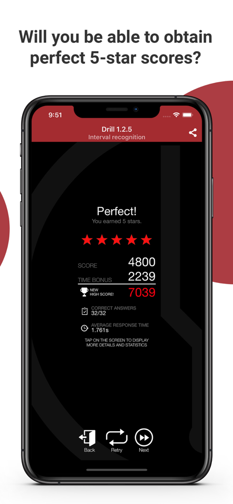 Écran de l'application Complete Ear Trainer montrant un score parfait de cinq étoiles et des statistiques d'exercice