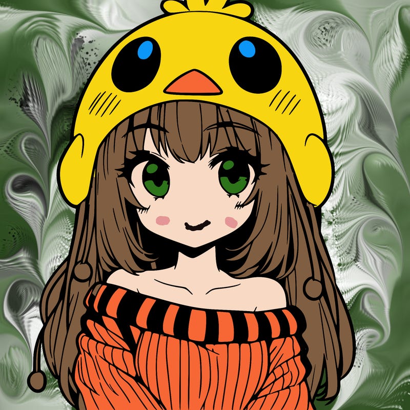 anime girl with chick shaped hat with sweater with bare shoulders with bangs covering them one eye with low tail