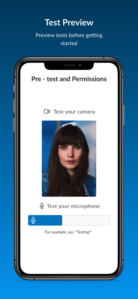 Userlytics app interface showing a pre-test and permissions screen with camera and microphone testing.