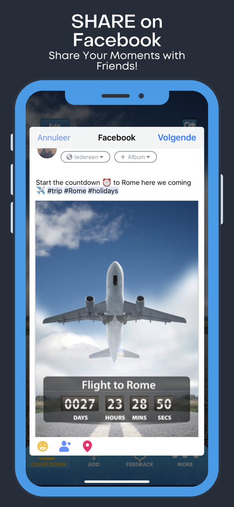 Holiday and Vacation Countdown - Smartphone screen showing a countdown to a flight to Rome shared on Facebook